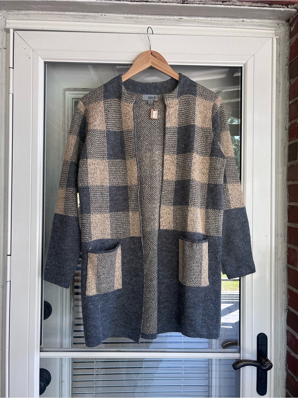 Open-Front Plaid Knit Coatigan in Gray and Khaki